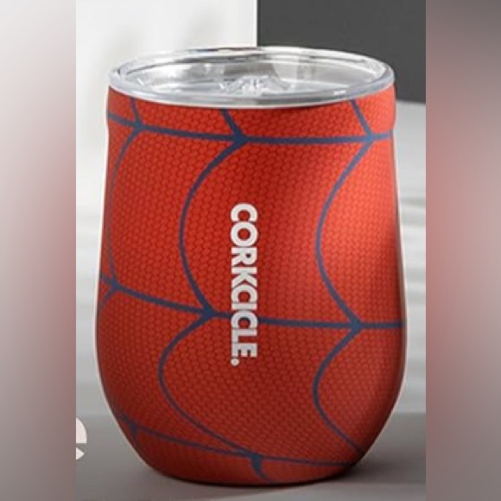 This is a Corkcicle Marvel Spider-Man Stemless Insulated Wine Cup